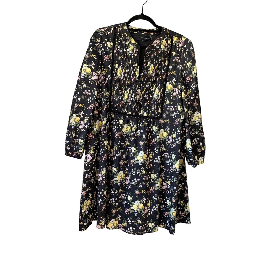 English Factory Floral Print‎ Long Sleeve Mini Dress Black Multicolor Size L